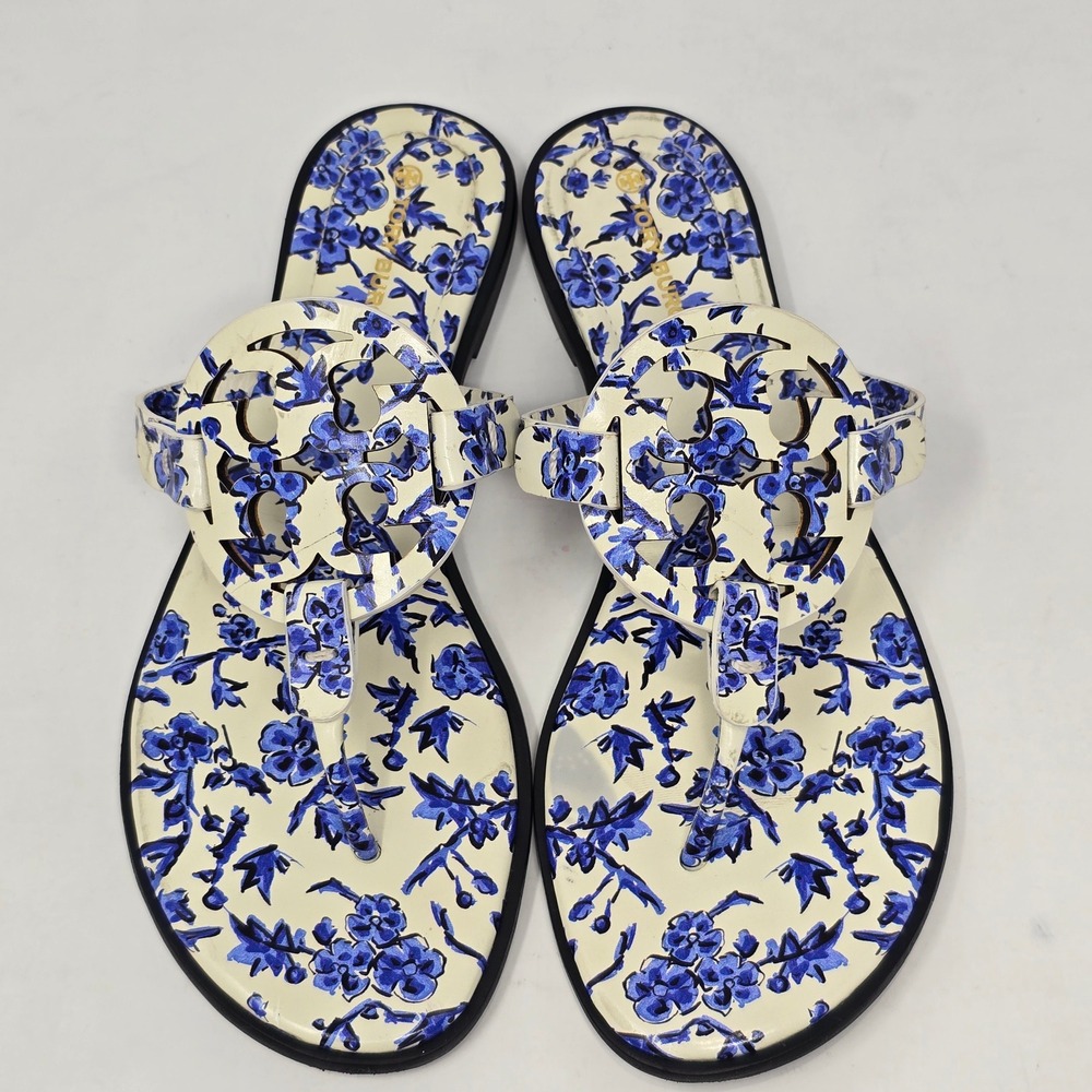 Tory Burch Sandal Miller Welt Printed Calf Leather Blue Branches Floral 9.5M HTF